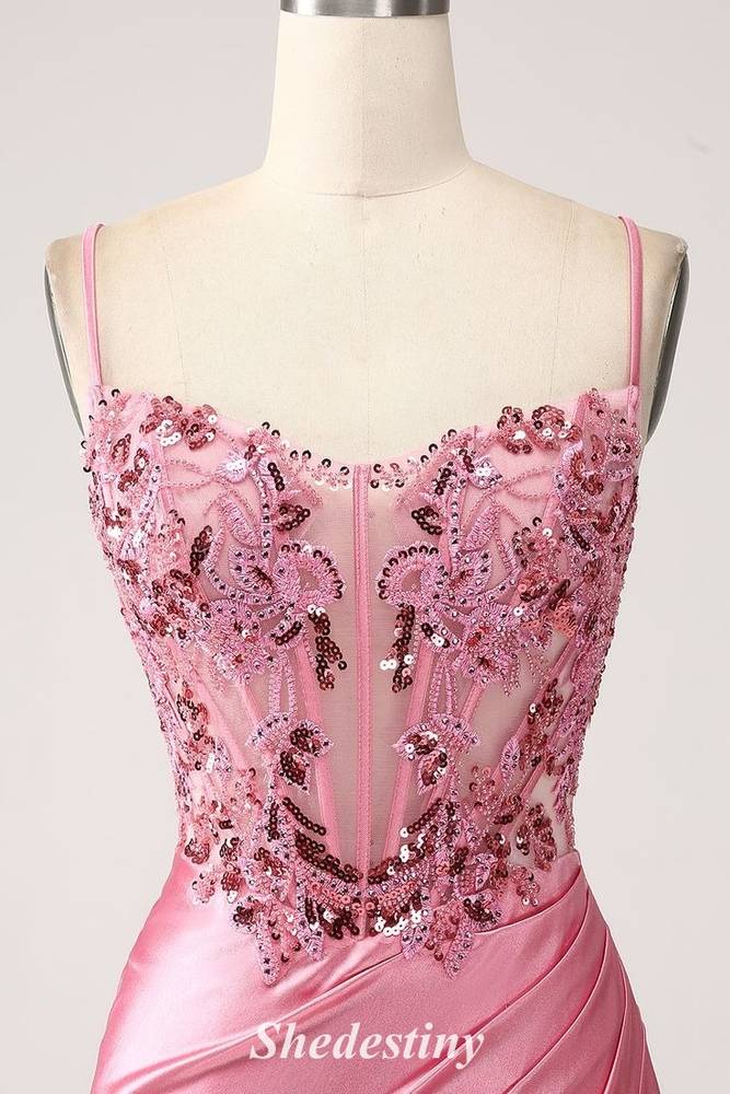 Sequin Applique Sweetheart Mermaid Pink Prom Dress with Slit