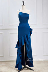 One-Shoulder Blue Ruffle High-Low Formal Dress