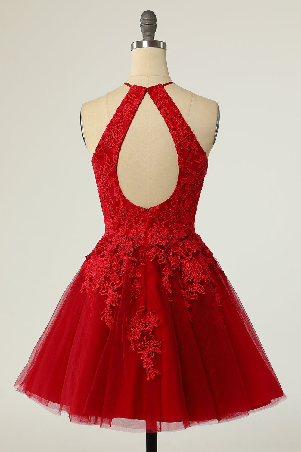 Red Tulle Halter Short Homecoming Dress with Appliques
