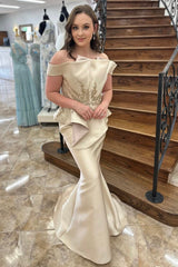 Champagne Appliques Off-the-Shoulder Trumpet Mother of the Bride Dress