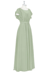 Dusty Sage Layers Butterfly Sleeves Chiffon Long Bridesmaid Dress