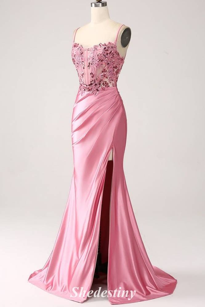 Sweetheart Mermaid Pink Prom Dress with Slit