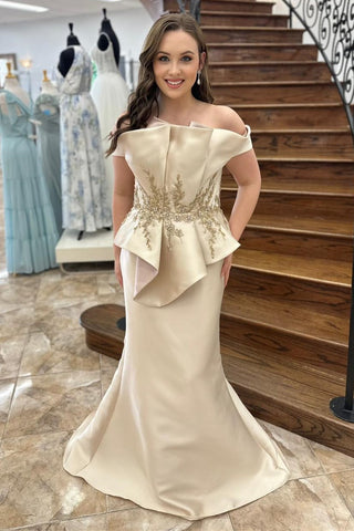 Champagne Appliques Off-the-Shoulder Trumpet Mother of the Bride Dress