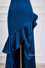 One-Shoulder Blue Ruffle High-Low Formal Dress