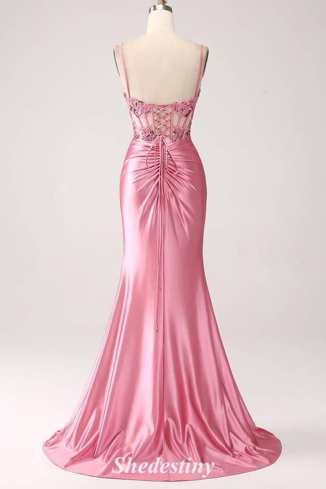 Sequin Applique Sweetheart Pleated Mermaid Pink Prom Dress with Slit