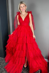 Magenta Plunge V Ruffle Tiered Long Prom Dress