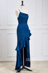 One-Shoulder Blue Ruffle High-Low Formal Dress