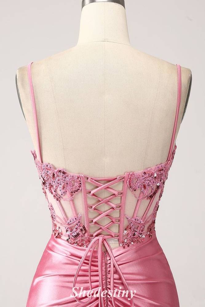 Sequin Applique Sweetheart Mermaid Pink Prom Dress with lace-up
