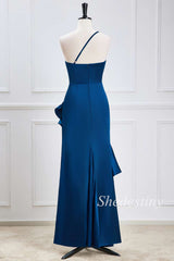 One-Shoulder Blue Ruffle High-Low Formal Dress