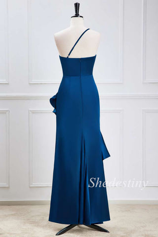 One-Shoulder Blue Ruffle High-Low Formal Dress
