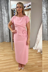 Dusky Pink Chiffon Round Neck Mother of the Bride Dress with Cap Sleeves