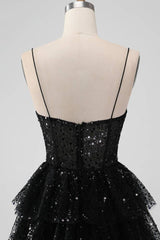 Black Sequins V-Neck A Line Ruffle Homecoming Dress