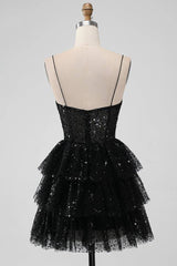 back of Black Sequins V-Neck A Line Ruffle Homecoming Dress