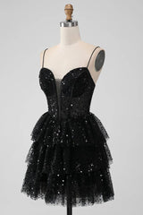 Black Sequins V-Neck A Line Ruffle Homecoming Dress Side