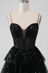 Black Sequins V-Neck A Line Ruffle Homecoming Dress