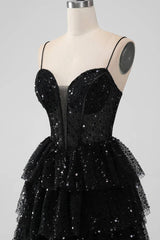 Black Sequins V-Neck A Line Ruffle Homecoming Dress