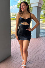 Black Sequin Spaghetti Strap Cutout Bodycon Mini Dress