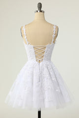 White Appliques V-Neck Lace-Up A-Line Short Party Dress