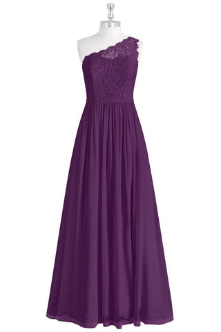 Grape One Shoulder Lace Top Chiffon Long Bridesmaid Dress with Slit