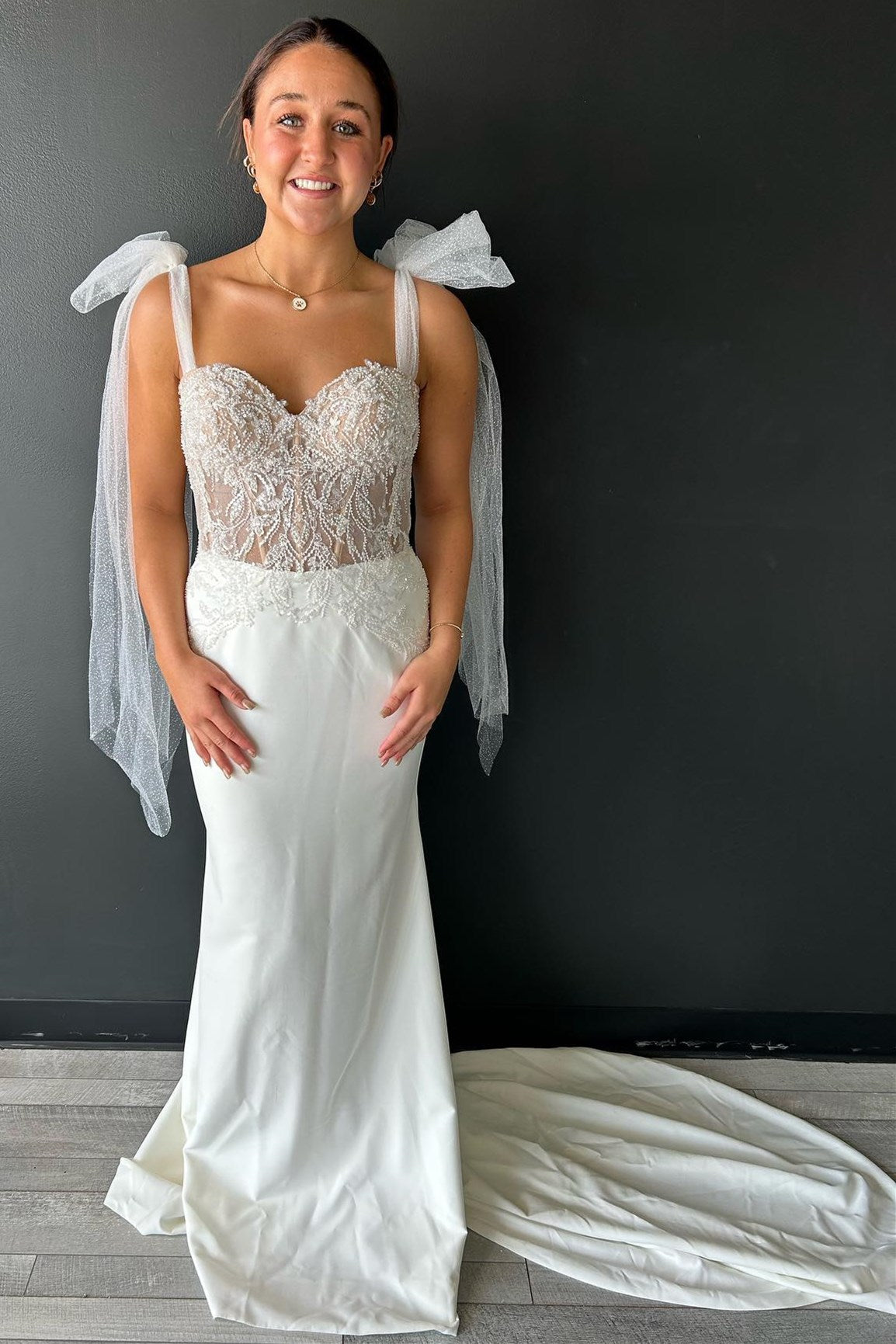Ivory Beaded Sweetheart Mermaid Long Wedding Dress with Tying Straps