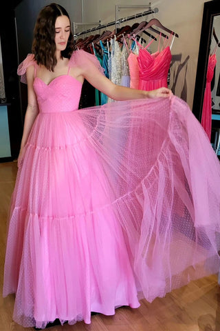 Polka Dot Sweetheart Bow Strap A-Line Long Prom Dress