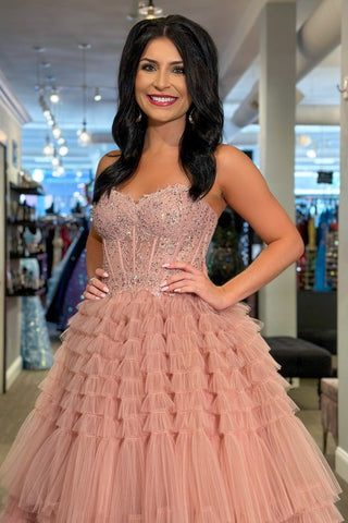 Strapless Beaded Appliques Multi-Layes Lace-Up Long Prom Dress