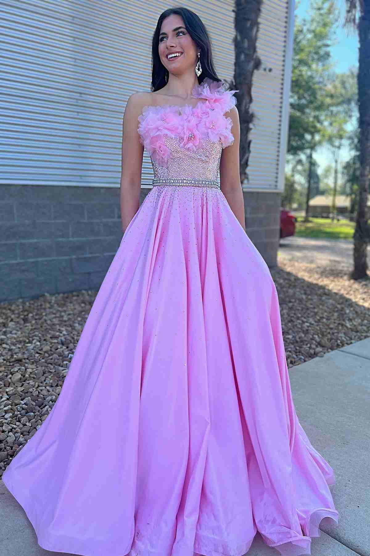 Candy Pink Rhinestone One Shoulder Long Prom Dress with Belt Loops