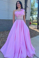 Candy Pink Rhinestone One Shoulder Long Prom Dress with Belt Loops