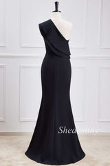 One-Shoulder Black Ruffle Mermaid Maxi Dress