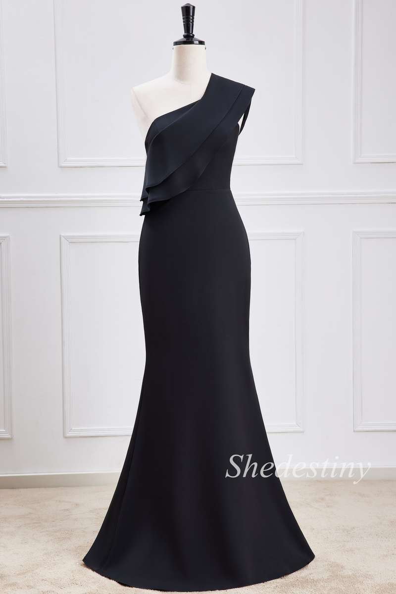 One-Shoulder Black Ruffle Mermaid Maxi Dress