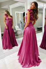 Fuchsia One Shoulder Keyhole Pleated Metallic Prom Dress with Slit