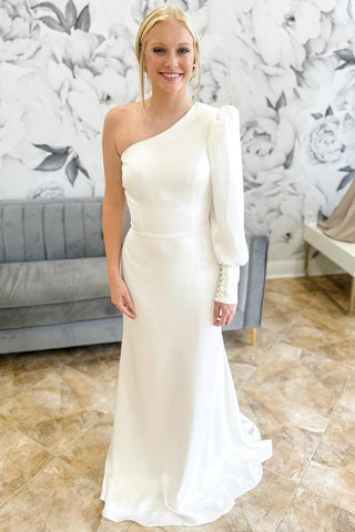 White One-Sleeve Mermaid Long Wedding Dress