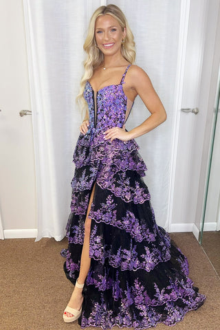 Purple Sequin Lace Scoop Neck Ruffle Tiered Long Dress with Slit