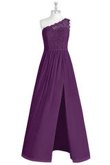 Grape One Shoulder Lace Top Chiffon Long Bridesmaid Dress with Slit