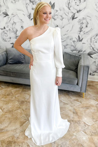 White One-Sleeve Mermaid Long Wedding Dress