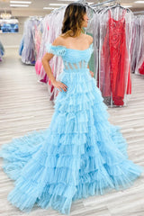 Light Blue Tulle Off-the-Shoulder Long Gown with Ruffles