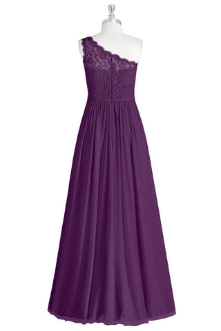 Grape One Shoulder Lace Top Chiffon Long Bridesmaid Dress with Slit