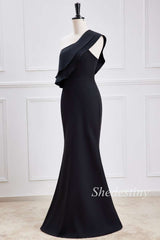 One-Shoulder Black Ruffle Mermaid Maxi Dress