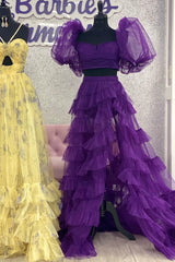 A-line Two-Piece Puff Sleeves Tulle Layers Long Prom Gown with Slit