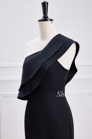 One-Shoulder Black Ruffle Mermaid Maxi Dress