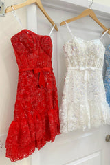 Red Sequin-Embroidery Strapless Ruffles Short Party Dress