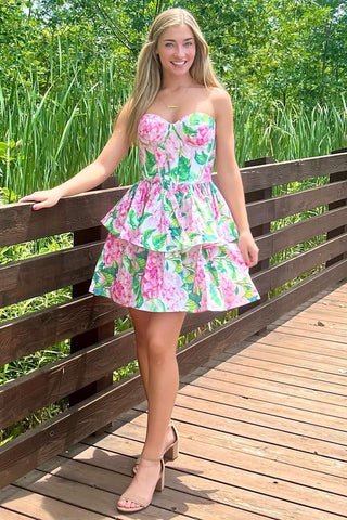 A-Line Floral Print Sweetheart Tiered Short Dress