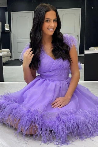 Lavender Surplice A-Line Homecoming Dress with Feathers