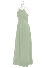 Dusty Sage Halter Pleated Chiffon Long Bridesmaid Dress 