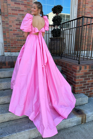 Magenta Notched Neck Puff Sleeve Bow Back Prom Gown