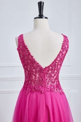 Fuchsia Tulle Appliques V-Neck A-Line Long Prom Dress