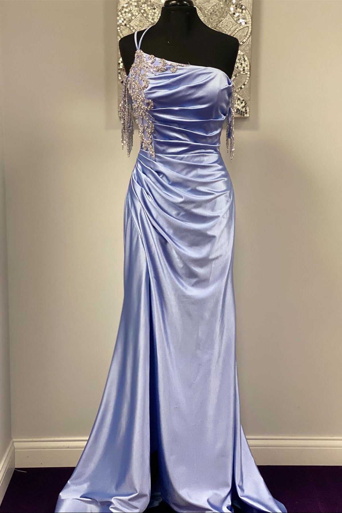 One-Shoulder Blue Fringes Mermaid Long Formal Dress with Slit
