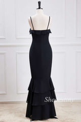 Black Spaghetti Strap Ruffle Trumpet Maxi Dress