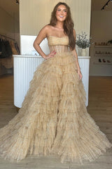 Gold Tulle Sequin Strapless Ruffle Tiered Long Prom Dress