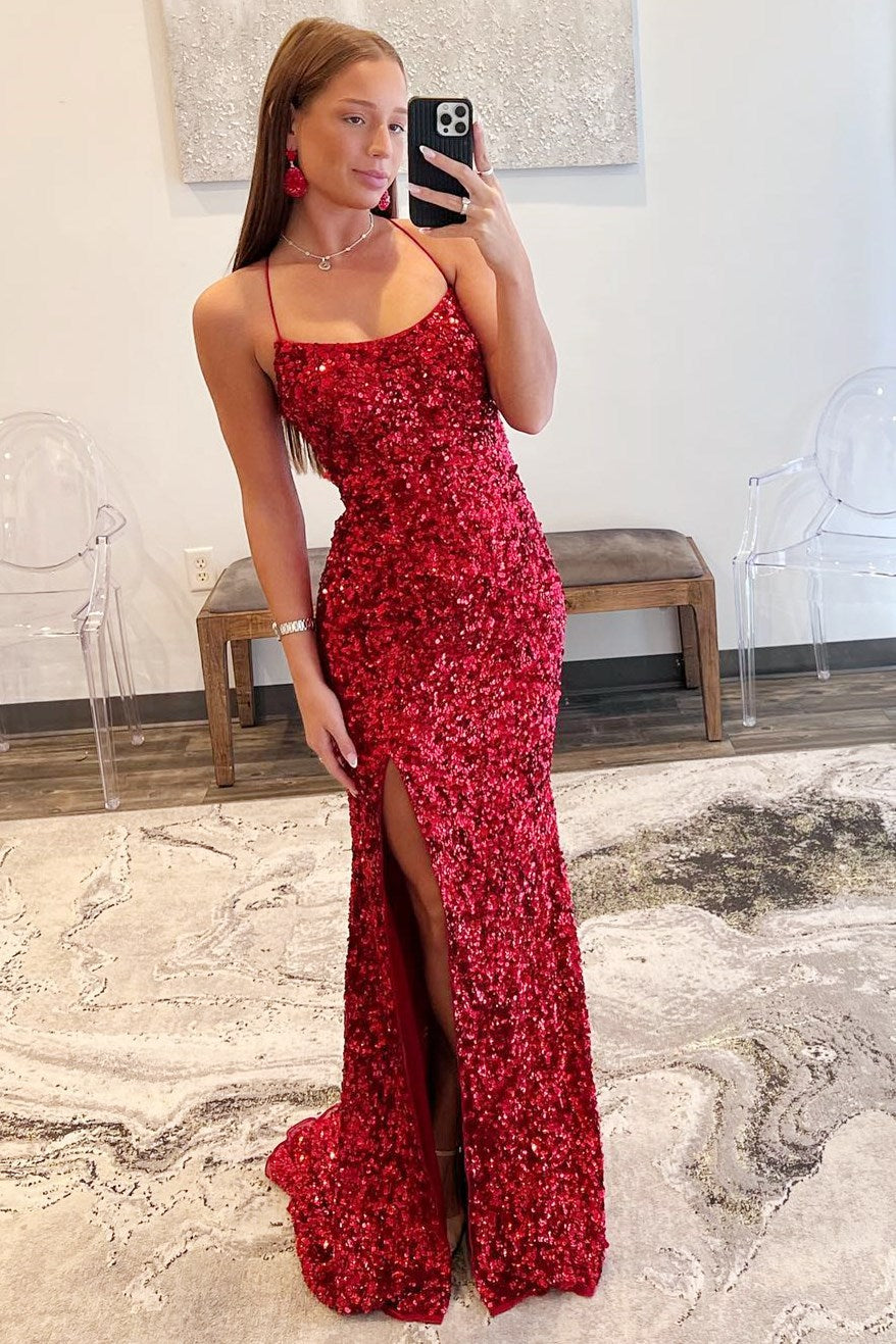 Red Sequin Lace-Up Back Long Prom Dress with Slit